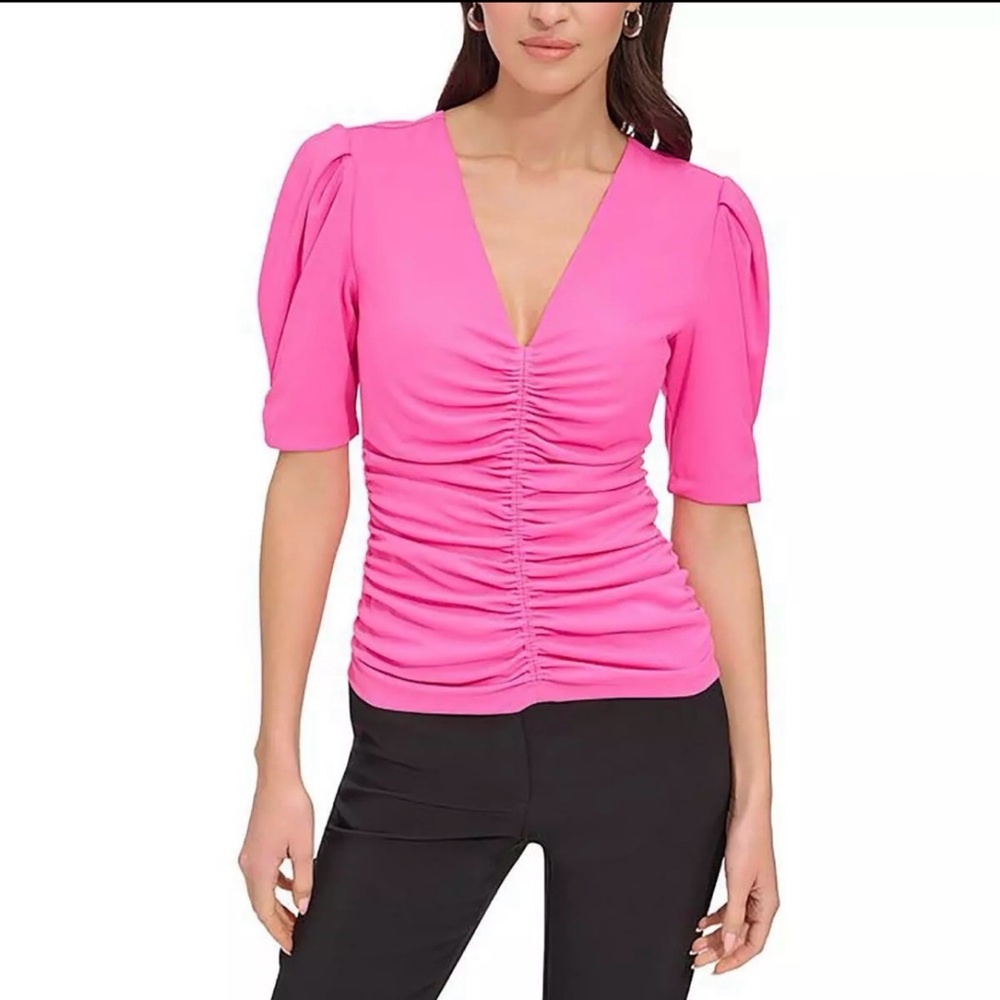 Women's Pink Ruched V-Neck Top by DKNY in Size XS